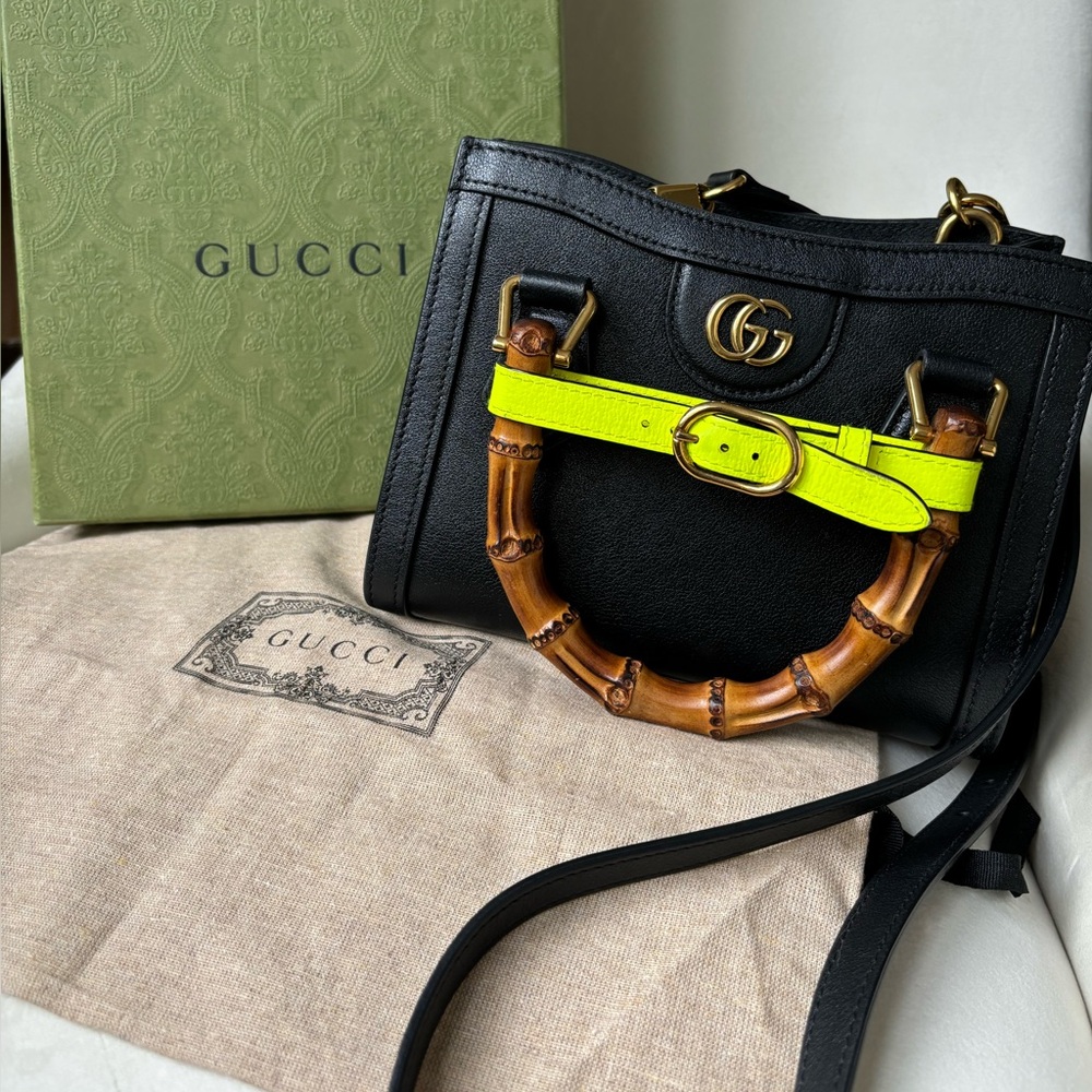 Authentic GUCCI Wonka Grain Calfskin Mini Diana Tote Bag Black/Yellow Fluo
